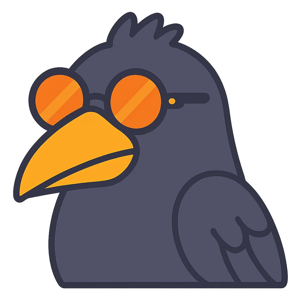 Make the bird emoji even less realistic—more cartoonish and simplified, but keep the same pose, orange beak, and round sunglasses. Minimal feather texture, smooth shading, and a playful look. No background. Maintain the style of the original bird emoji but make it more cartoonish and simplified. sticker