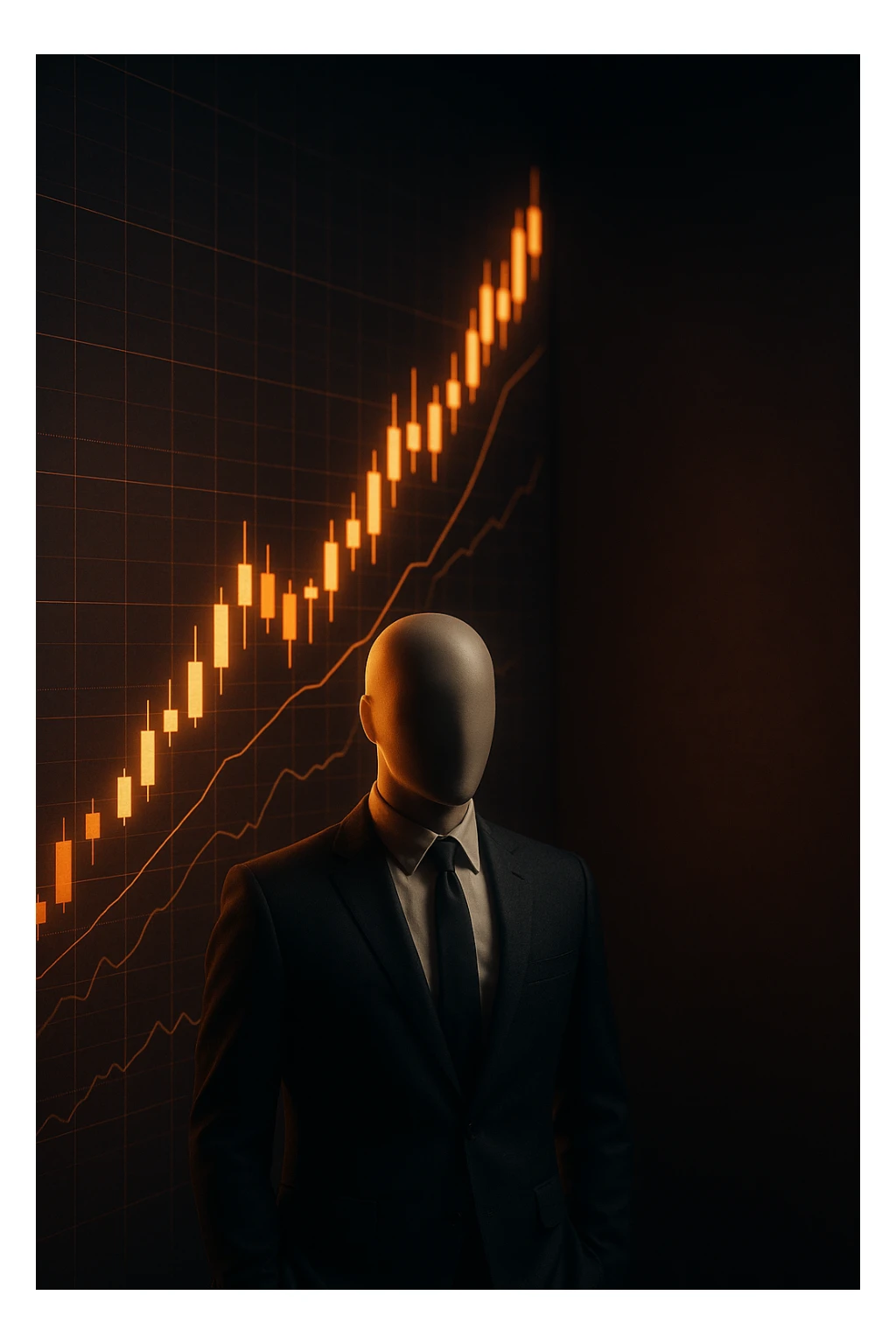 Cinematic 3D render of a faceless mannequin in a suit, standing in front of a giant glowing stock market graph (candlesticks, charts). Large empty wall space on the right for text overlay. Dramatic lighting, deep contrast, epic finance atmosphere. sticker