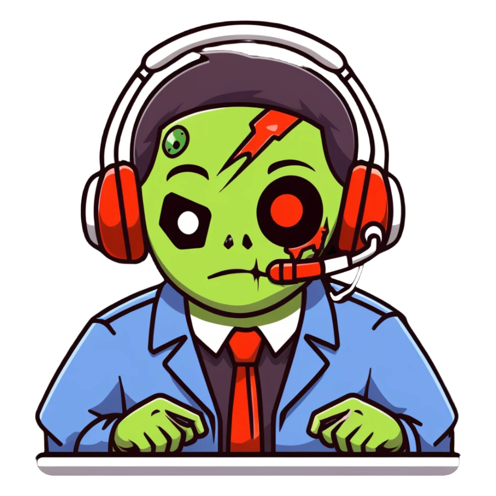 zombie call center employee with headphones, torn uniform, and dead eyes sticker