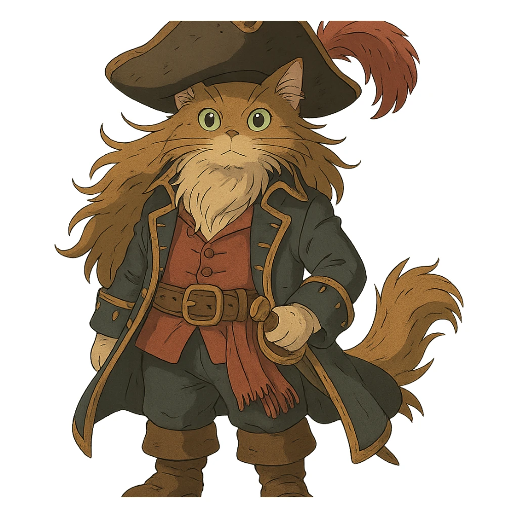 ghibli style cat dressed as pirate captain with flowing fur and detailed costume sticker