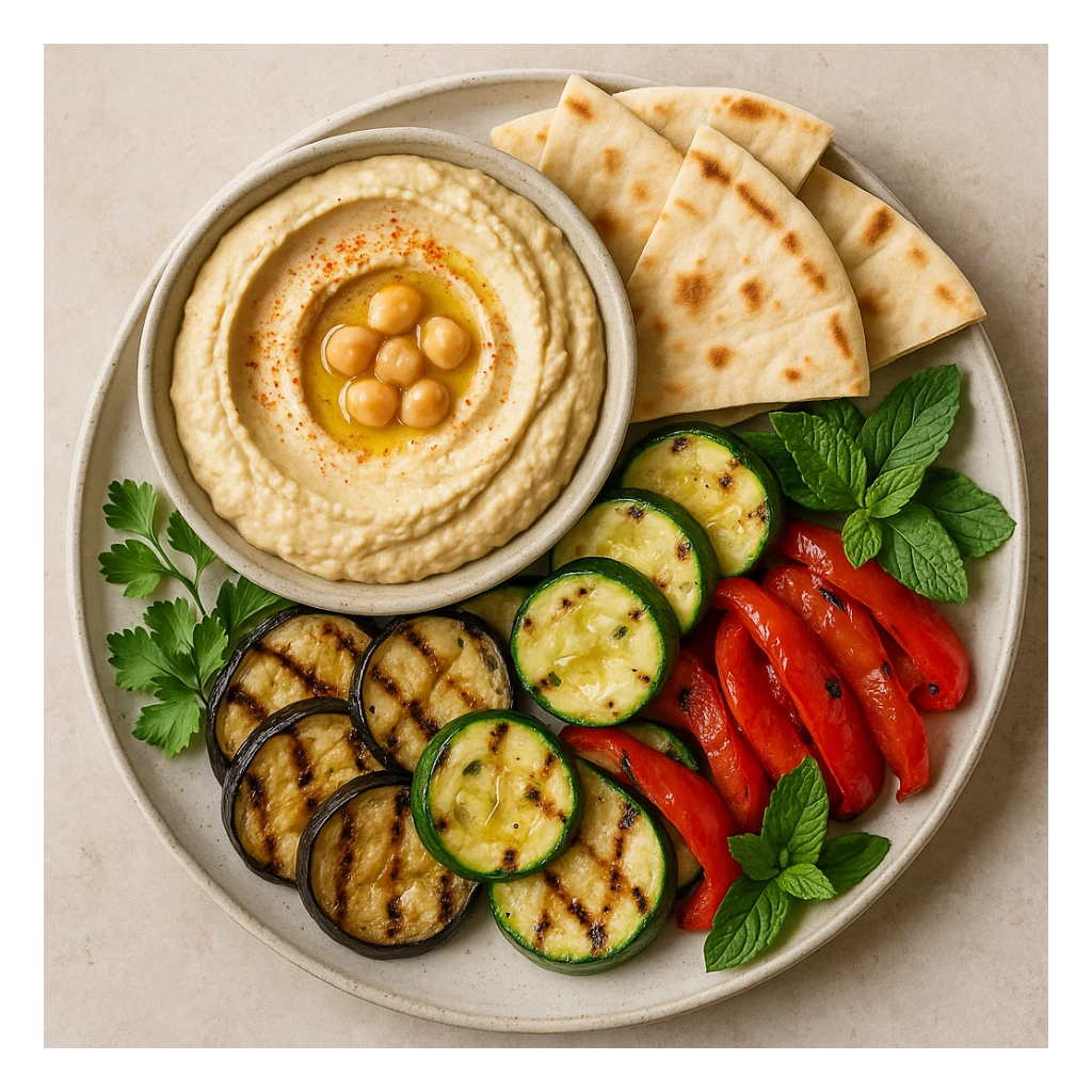 realistic Mediterranean platter with hummus, pita, grilled vegetables, and fresh herbs, top-down view sticker