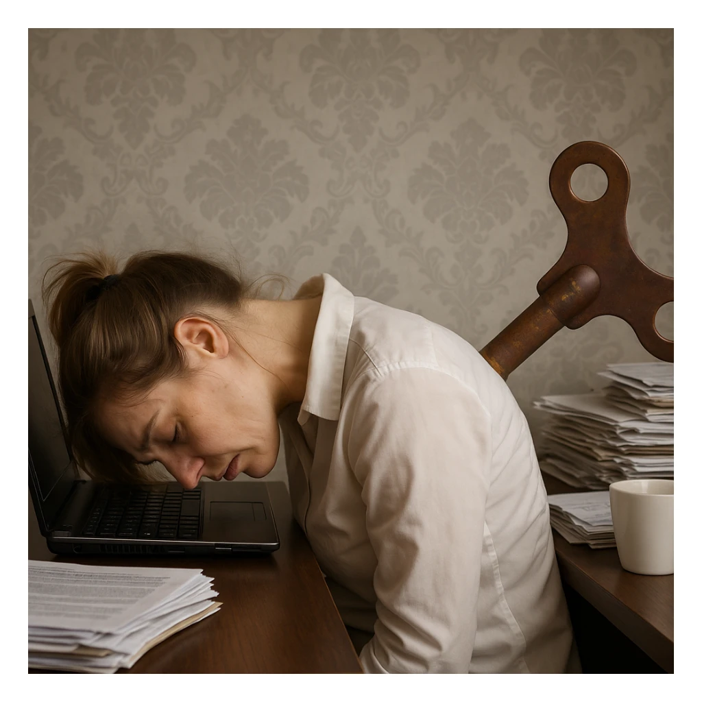 Create a hyperrealistic image of an exhausted woman with chronic fatigue, sitting at a desk with her head resting on a laptop computer. She has a large wind-up key in her back symbolizing depleted energy. The scene is detailed and realistic, in 4K quality, set in a home or office environment. Inspired by the reference image. sticker
