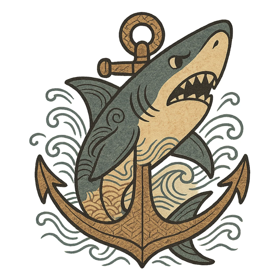 ukiyo-e inspired cartoon illustration of a shark anchor sticker