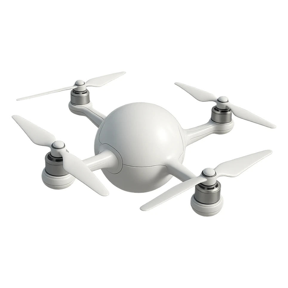 futuristic white drone with a perfect ball as the main body, propellers attached directly to the sphere, no logo sticker