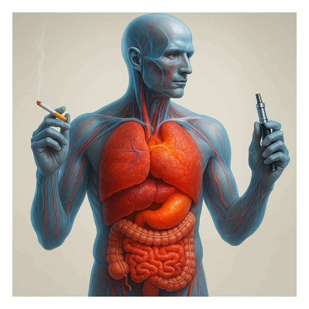 Medical illustration, hyperrealistic 4K, realistic anatomical human body, inflamed liver and intestine highlighted, holding a lit normal cigarette in the right hand and an electronic cigarette in the left hand, clear background, extremely detailed, same lighting and style as the reference image. sticker