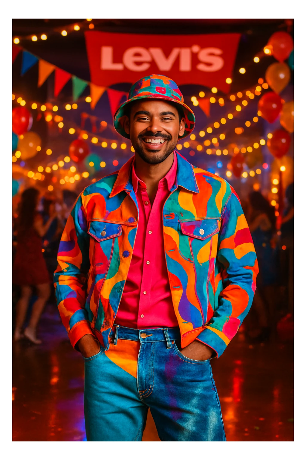 A man wearing mesmerizing, eye-catching clothes at a Levi's party, stylish and confident, with denim elements, vibrant colors, and a festive atmosphere. sticker