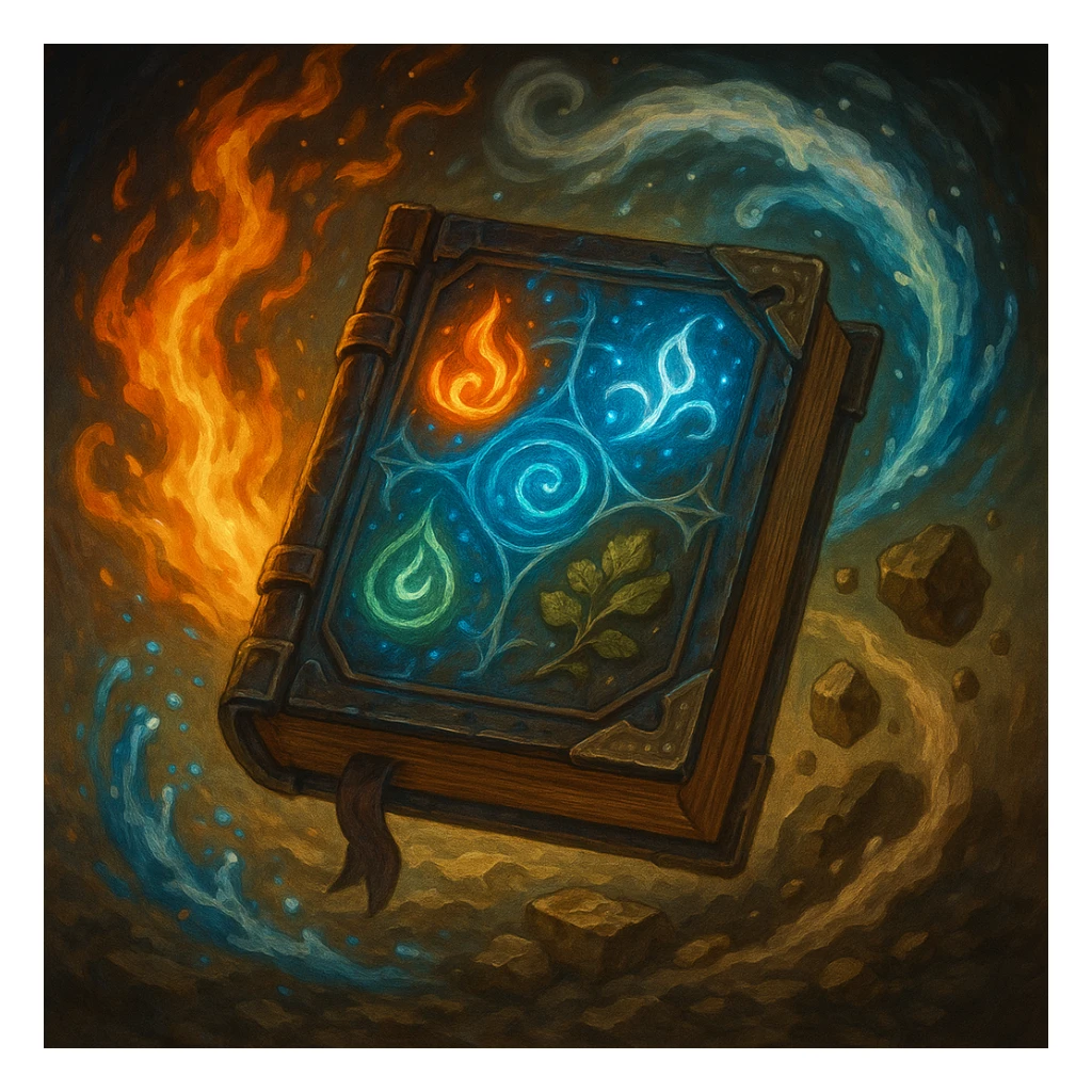 a magical elemental book, glowing with arcane symbols, surrounded by swirling elements of fire, water, earth, and air, in a fantasy illustration style sticker