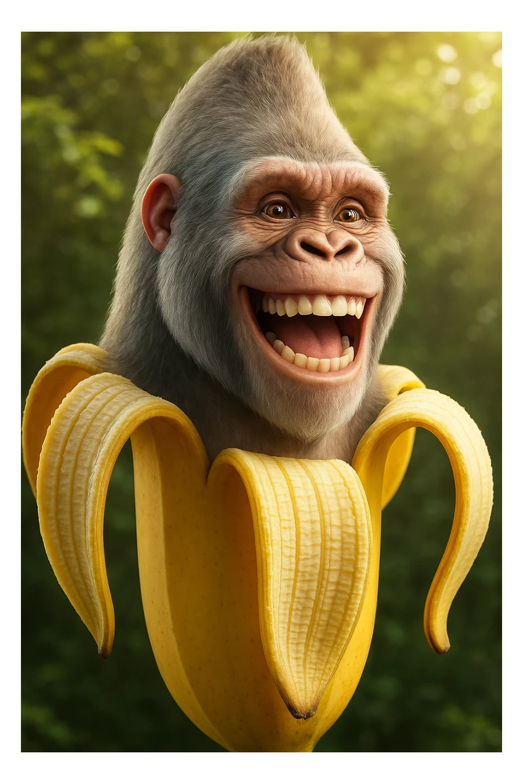 Change the gorilla's expression to a big, joyful smile while keeping the same style and quality as the original image. sticker