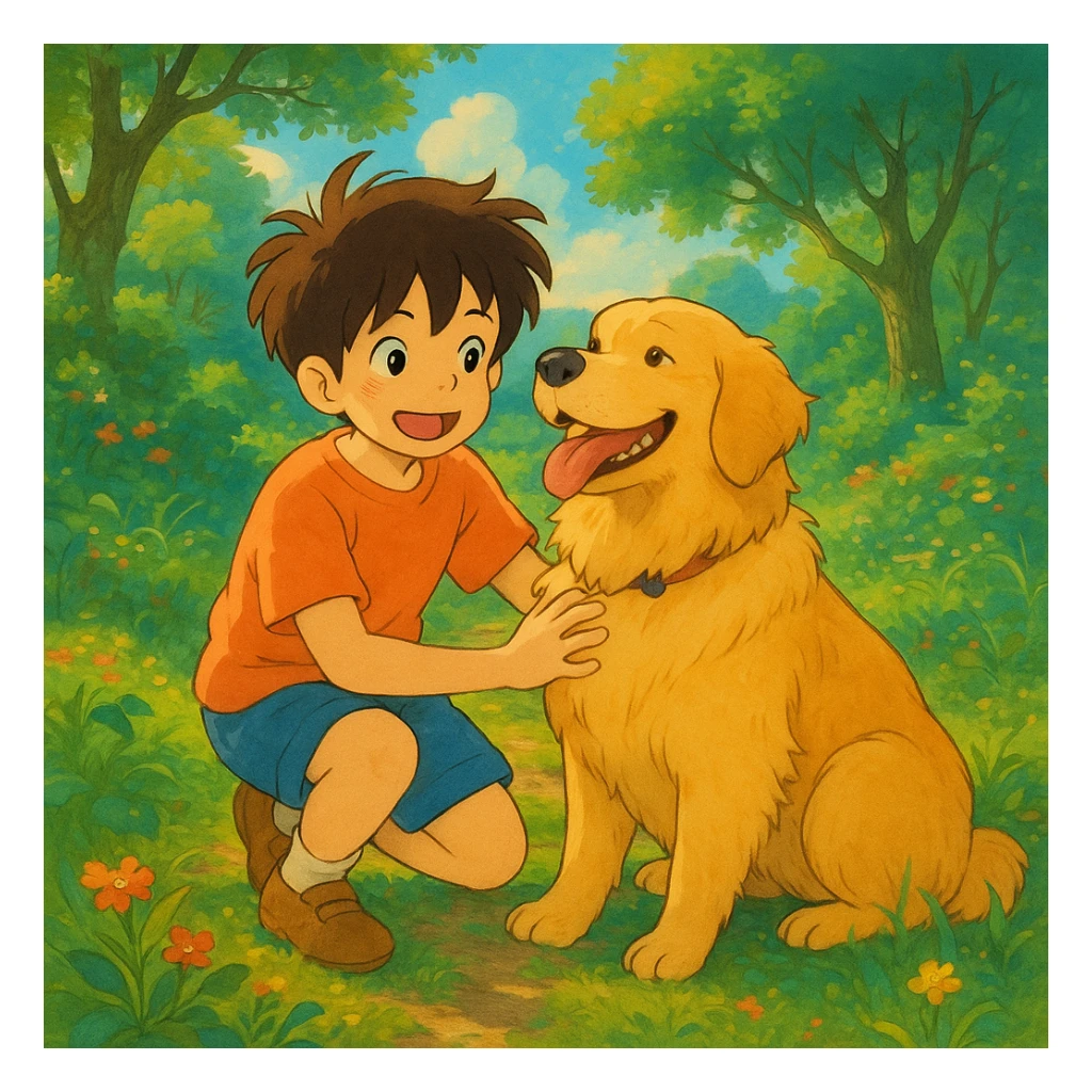 kid and his pet dog in studio ghibili style sticker