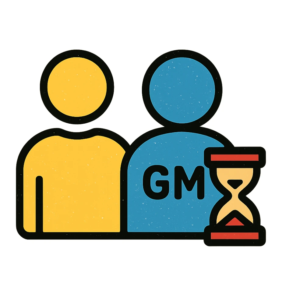 ultra-minimalist icon of two simple figures side by side representing player and GM, with a small clock or hourglass, worn and distressed style sticker