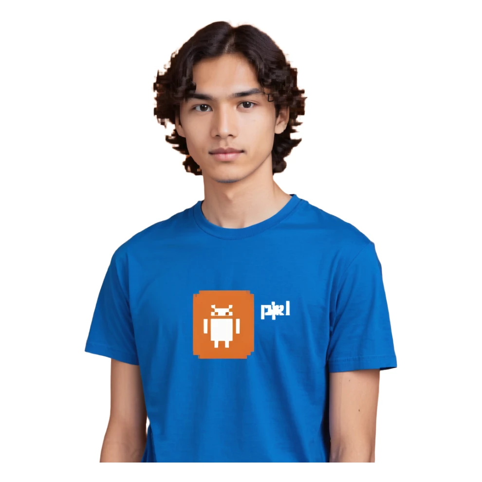blue tee shirt with a small white logo on chest sticker