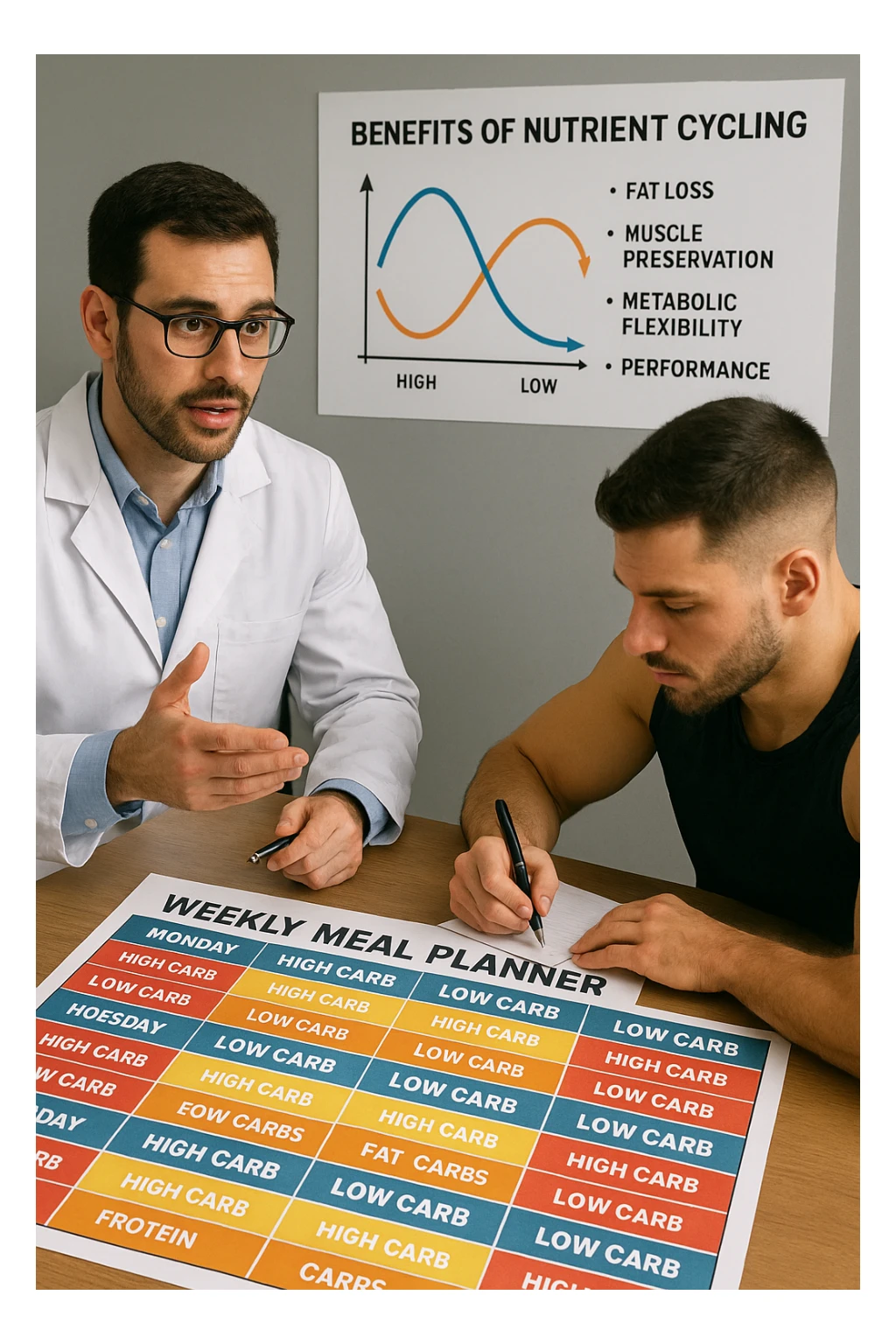 a nutritionist explains to an athlete how to cycle macronutrients for fat loss and training. On the desk, a weekly meal planner shows alternating high-carb and low-carb days, with color-coded sections for proteine, grassi, and carbo. The athlete takes notes, and a chart in the background illustrates the benefits of nutrient cycling. The mood is professional and educational. scritto in italiano sticker