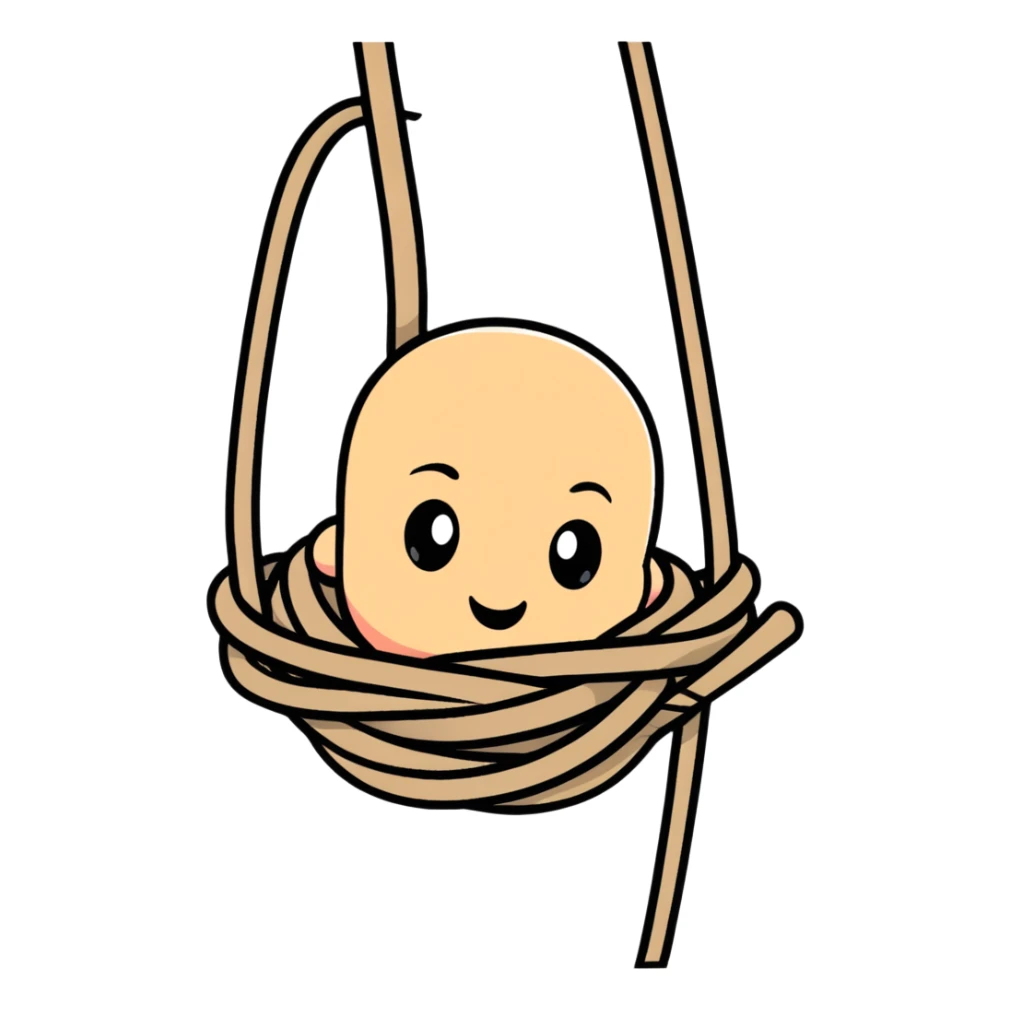 A funny cartoon character completely entangled in rope with just their face peeking out, looking silly sticker