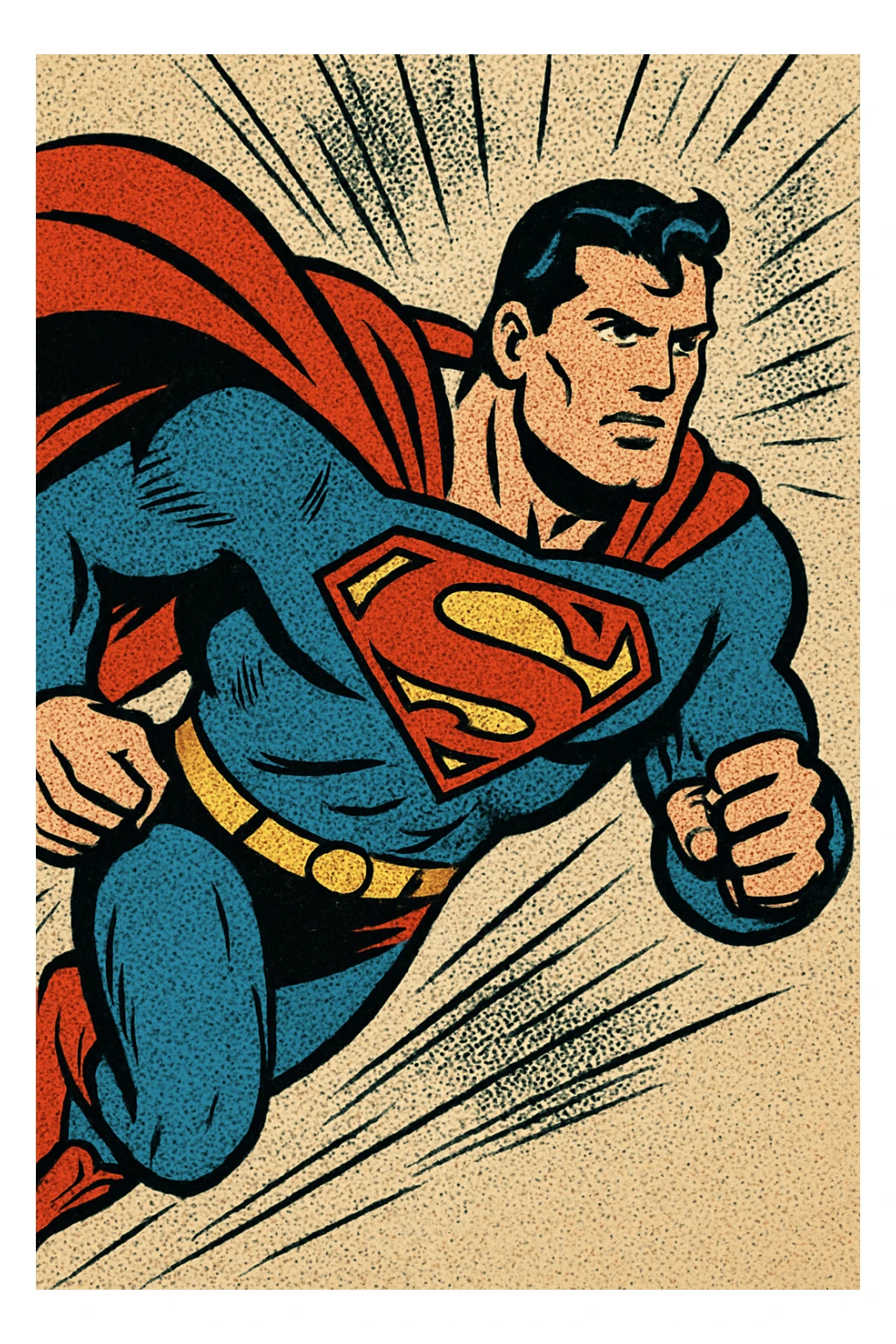 Superman flying with a red cape and blue suit, bold lines and vibrant colors, classic comic book style sticker