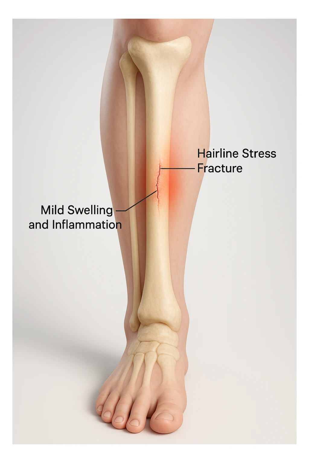 3D realistic medical illustration: a close-up of a human lower leg (tibia), showing the bone with a visible hairline stress fracture. The surrounding soft tissue is semi-transparent, highlighting mild swelling and inflammation. Educational labels point to the fracture site. The background is clean and clinical, with a subtle gradient. sticker
