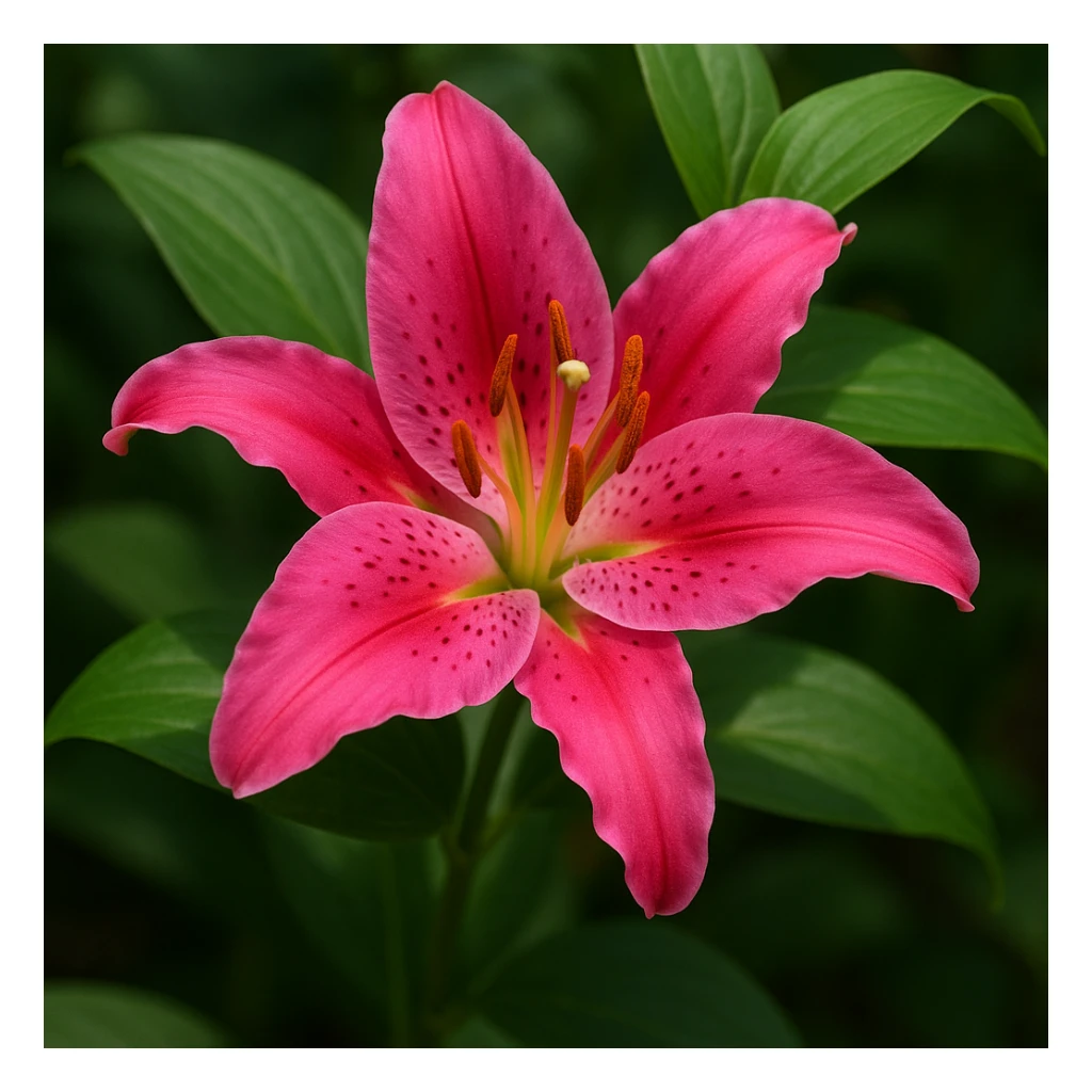 realistic style vibrant pink lily flower with green leaves sticker