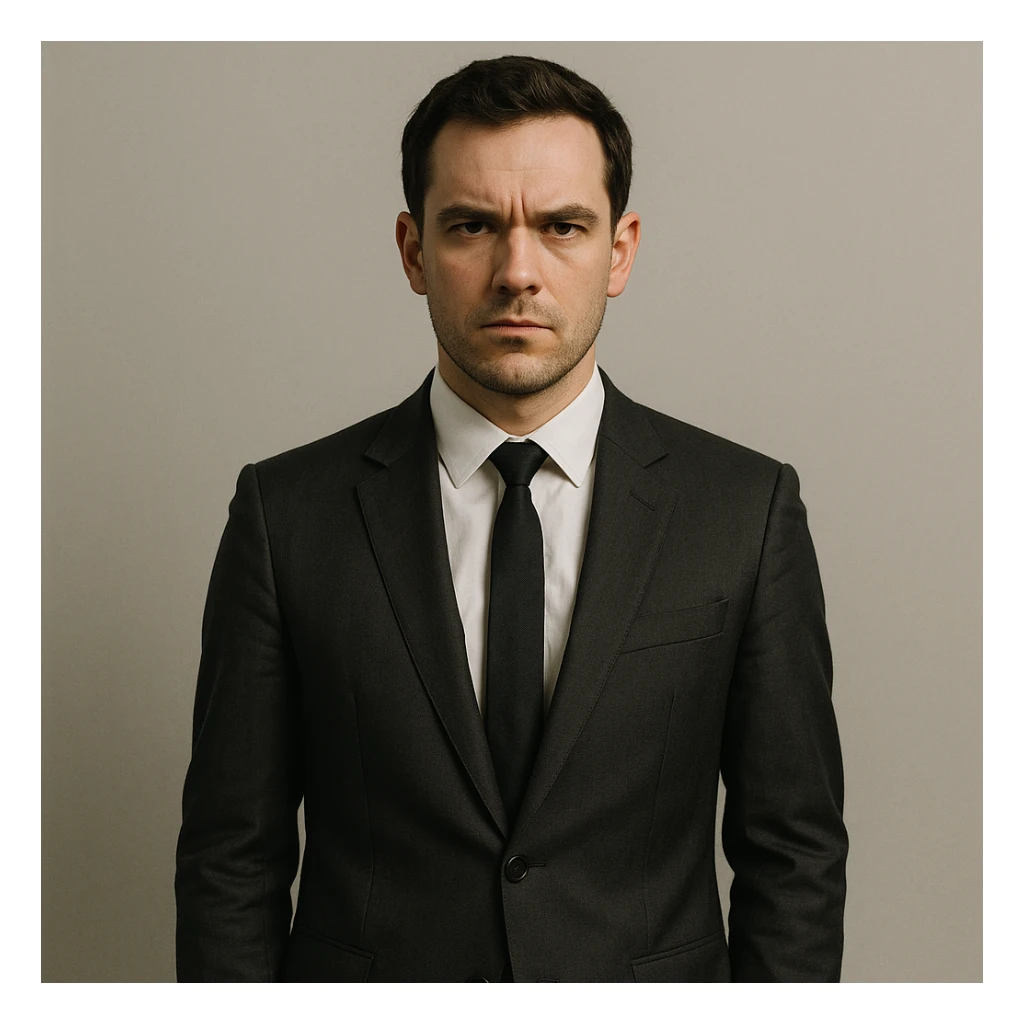 a professional-looking person in formal suit with a serious expression, plain background, modern style sticker