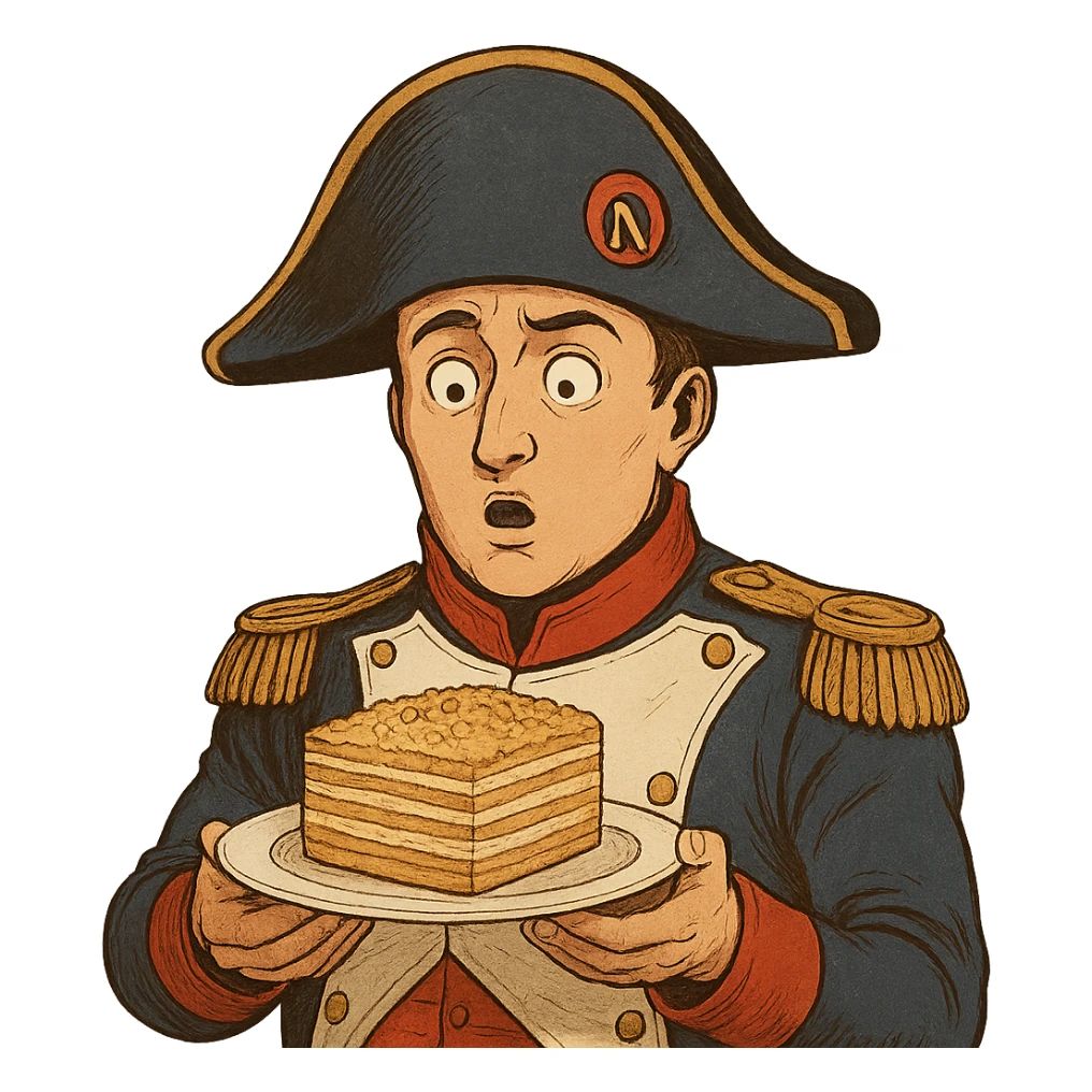 Используя такую стилистику сгенерируй Наполеона, который удивленно держит в руках тарелку с тортом Наполеон, прозрачный фон sticker