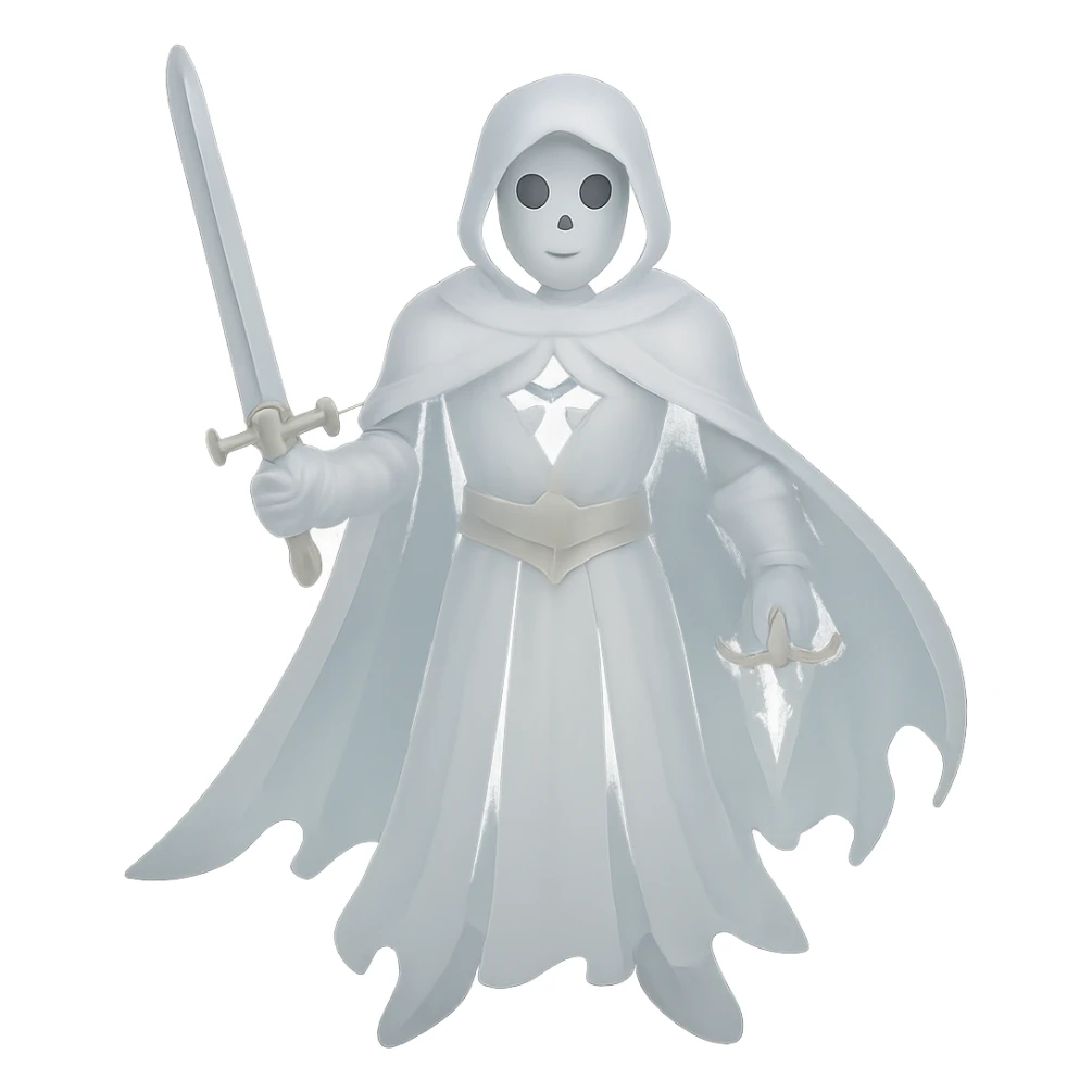 Make the floating knight ghost holding a sword more transparent with no background, emphasizing the ghostly and ethereal nature. sticker