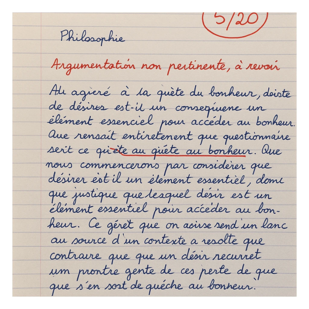handwritten high school philosophy paper in French on lined notebook paper, blue or black ink, grade 5/20 circled in red at the top, teacher's comment in French: 'Argumentation non pertinente, à revoir' in red pen, some corrections and underlines sticker