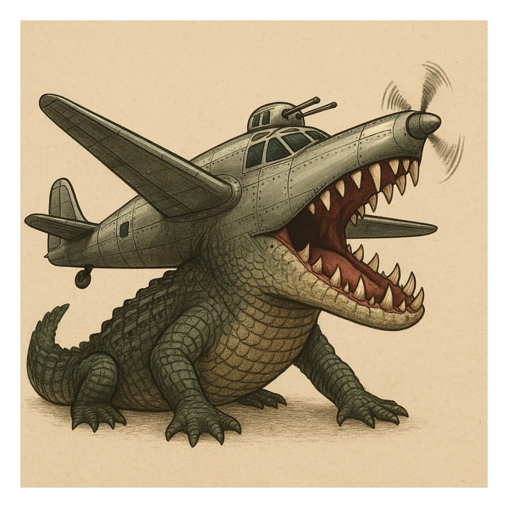 crocodile with its head transformed into the nose of a WWII bomber plane mouth agape sharp teeth metallic body wings and propellers surreal satirical and absurd channeling Italian Brainrot meme energy sticker