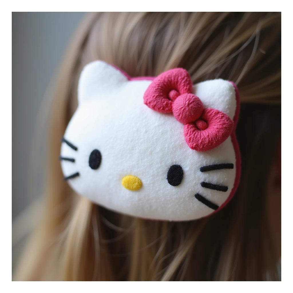 realistic Hello Kitty hair pin made of soft plush material, detailed stitching, Hello Kitty's face and bow, close-up photo sticker