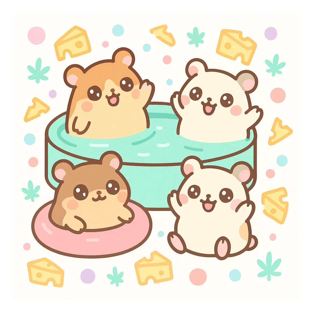 square Discord server icon, playful pool party scene with hamsters, weed leaves, cheese, THC theme, no disco ball, kawaii style, nostalgic, fun, inviting, summer party vibe, bright colors, clear composition sticker