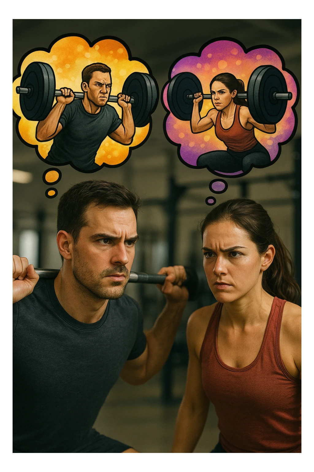 realistic style, man and woman dreaming of lifting weights, visual elements showing their imagination, 2:3 aspect ratio sticker