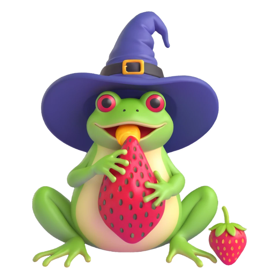 a frog wearing a witch hat and eating a strawberry, 3D emoji style sticker
