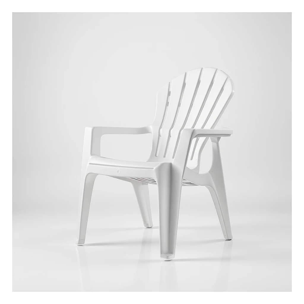 classic plastic lawn chair with arched top, five vertical slats, rounded armrests, four tubular legs, hovering above a clean studio floor, soft shadows, modern product photo style sticker
