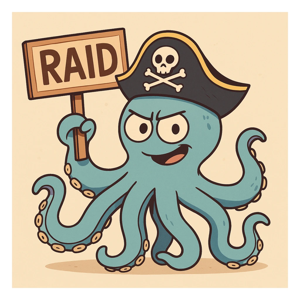 a blue octopus with a pirate hat, holding a sign that says RAID, cartoon style, playful and colorful sticker