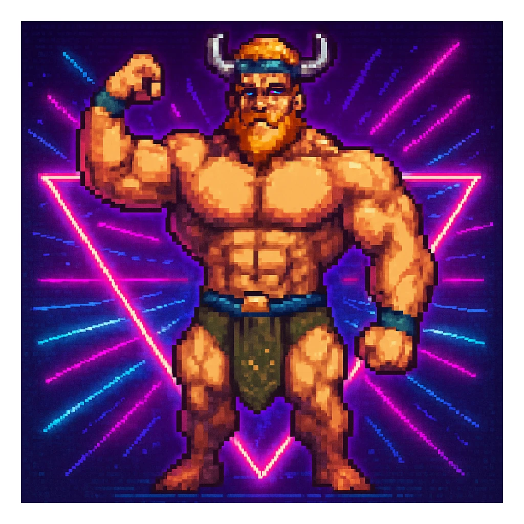 Add a neon background to the Techno Viking flexing muscles in pixel art style. Keep the pixel art style look and feel. sticker