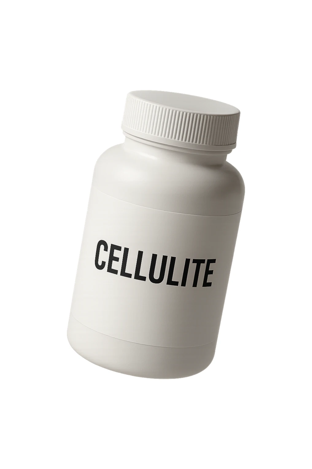 UNA BOCCETTA DI INTEGRATORE BIANCA CON LA SCRITTA "CELLULITE" SULL'ETICHETTA CHE FLUTTUA IN ARIA, IPERREALISTICA 4K sticker