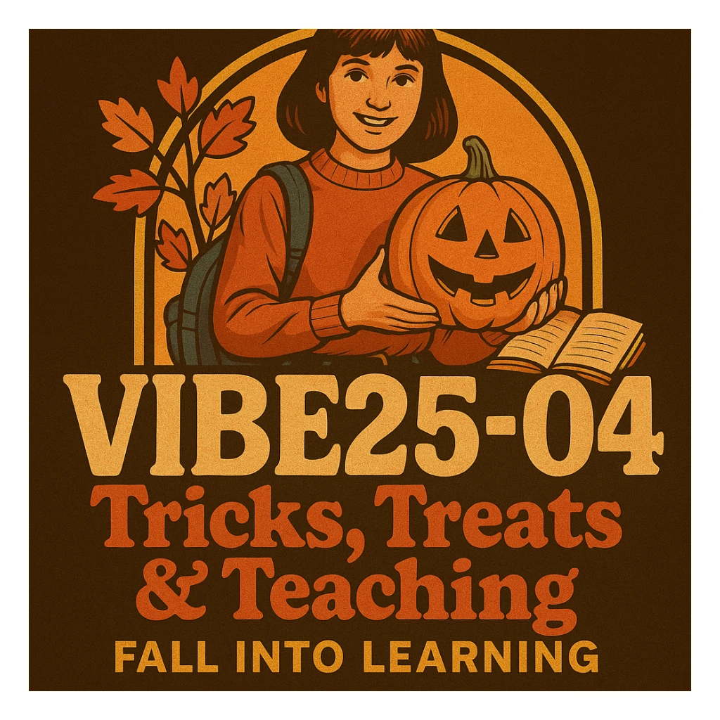 Create a logo that encompasses a retro 80's feel, nostalgic, ALSO RETRO.  Add the words "VIBE25-04: Tricks, Treats & Teaching: Fall Into Learning" sticker