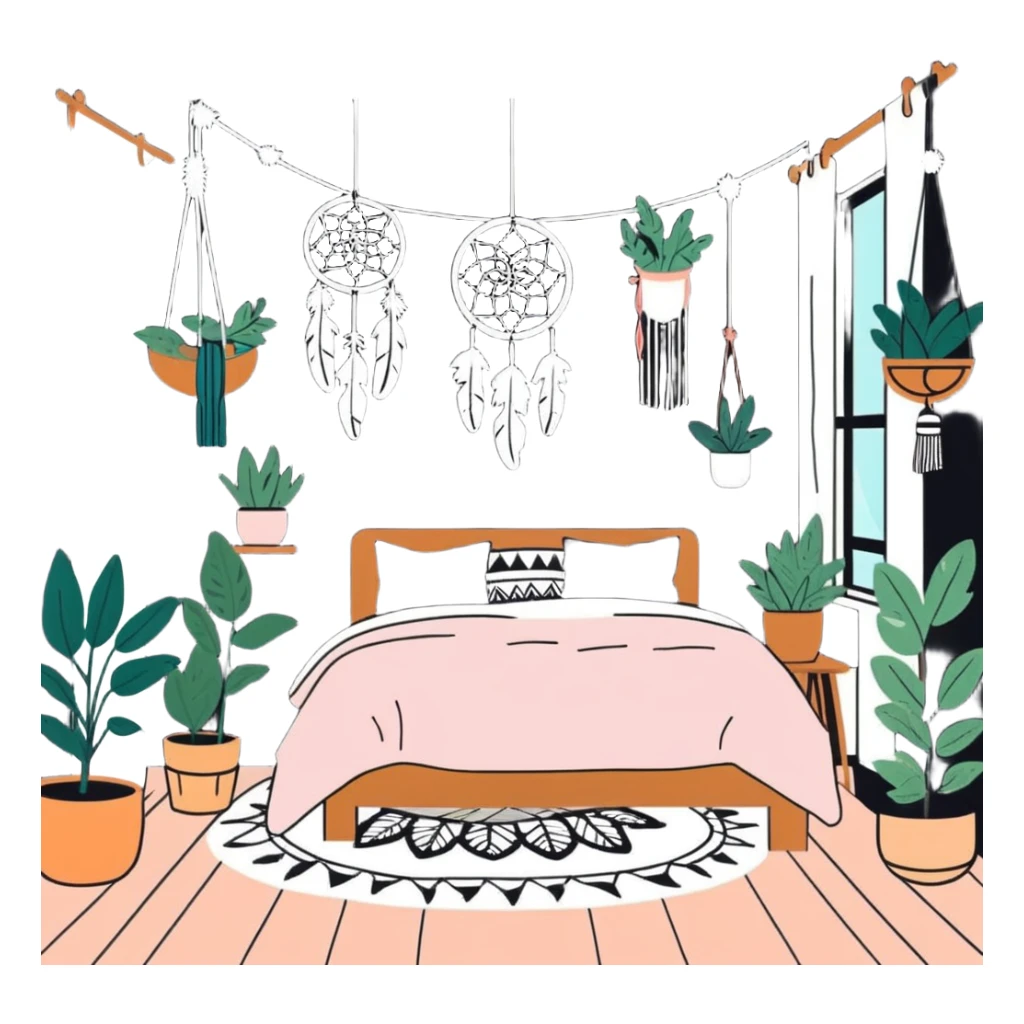 boho bedroom with hanging plants, dreamcatcher, fluffy rug, and string lights sticker