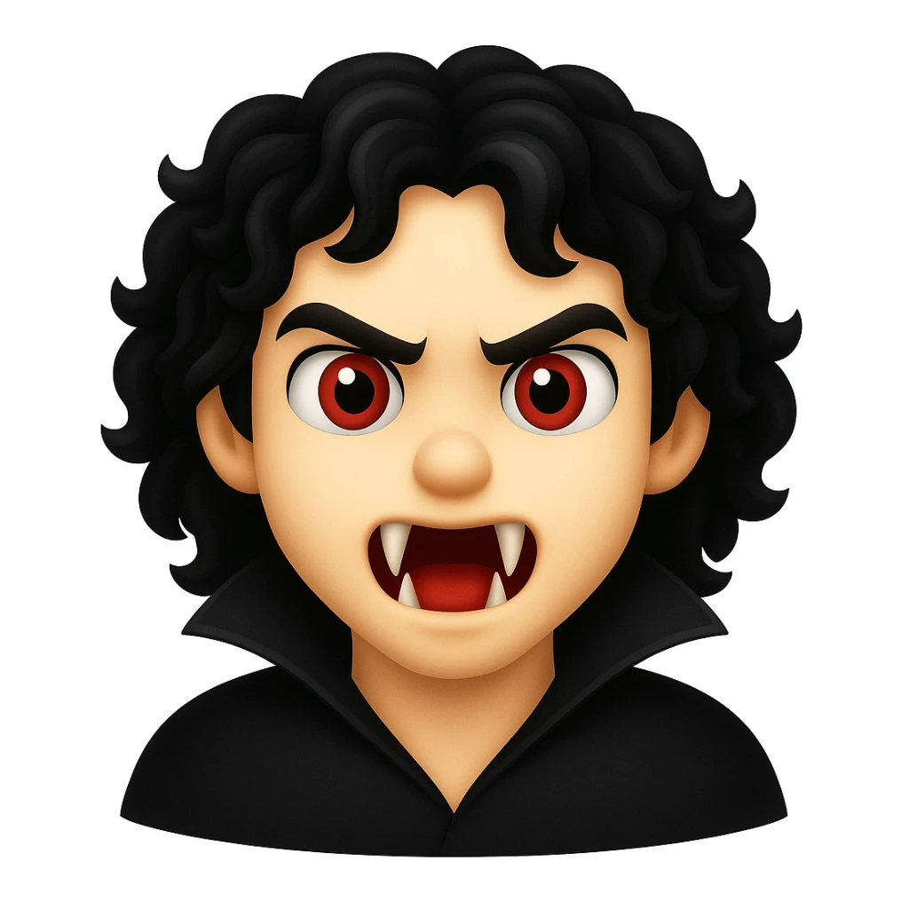 Create an image of a vampire boy with medium-length curly black hair and more prominent fangs in an emoji style. The style should resemble emoji aesthetics but use the general editing model for best results. sticker
