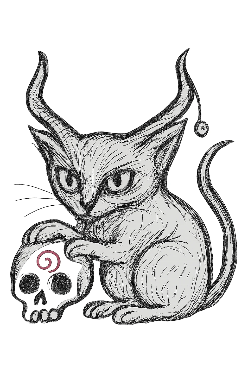 Make the skull larger and place it in front of the cat, keep the realistic hand drawn style with dynamic outlines and no fill. Preserve the charm on the horn, the cat's green eyes, and the red spiral on the skull. Maintain transparent background. sticker