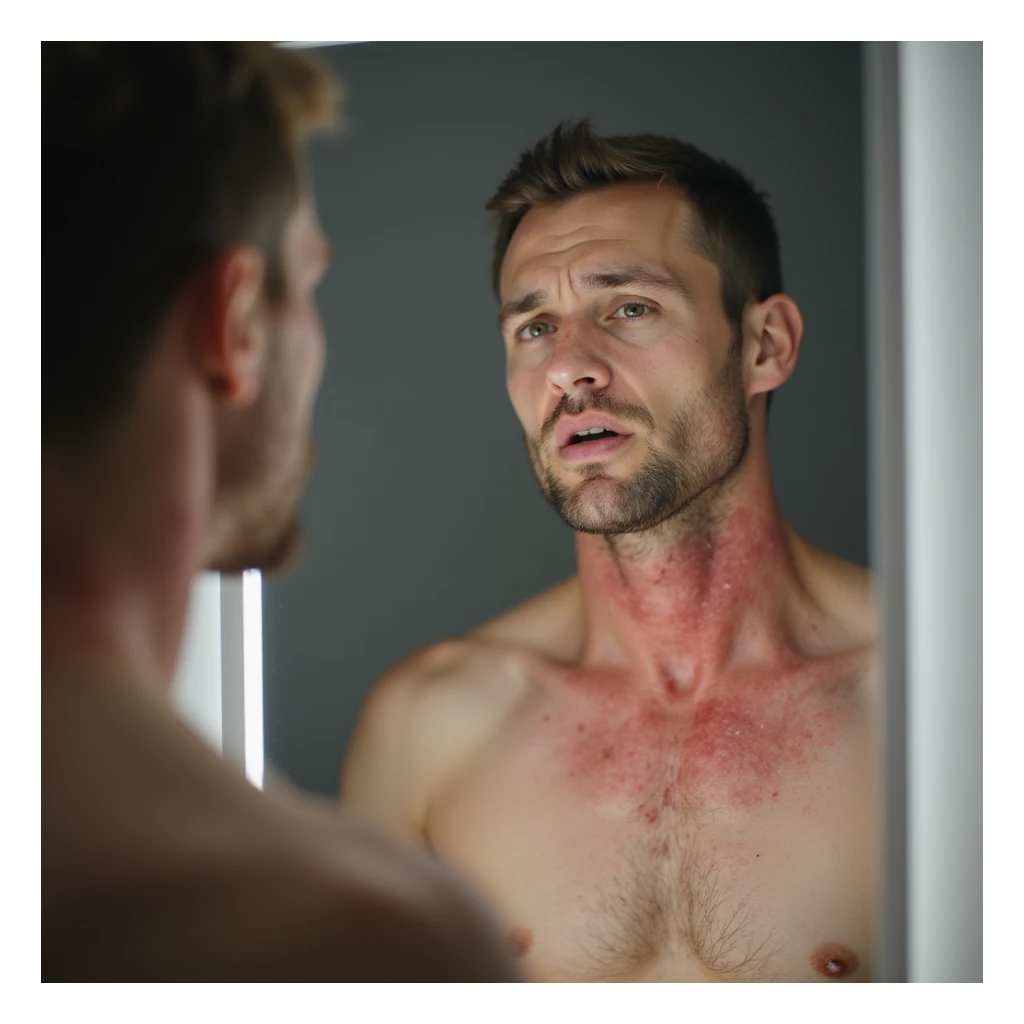 realistic man with red, irritated rash on neck, looking at it in mirror with concern, soft lighting, neutral background, medical realism, dermatology focus, 4K sticker