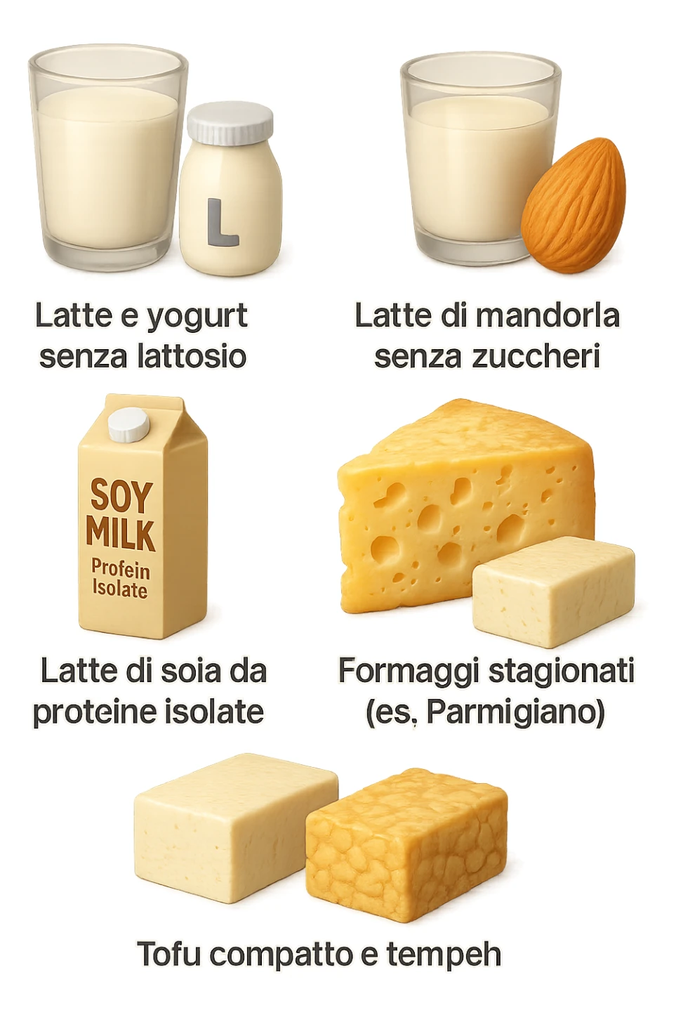 emoji stile iphone 3d di questi elementi che fluttuano in aria:

Latte e yogurt delattosati
Latte di mandorla (non zuccherato)
Latte di soia da proteine isolate
Formaggi stagionati (es. parmigiano)
Tofu compatto e tempeh
 che fluttuano in aria,  le etichette scrivile in italiano, iperealistico 4k sticker