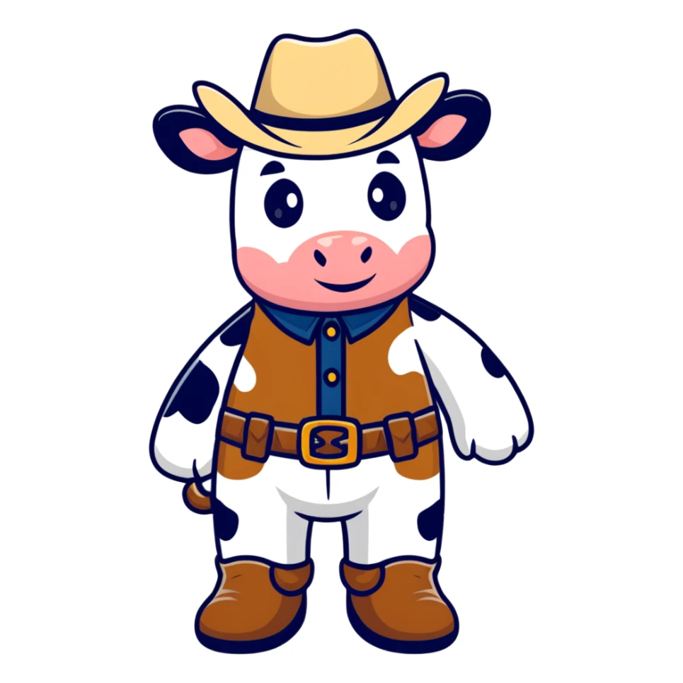 Cow with cowboy boots and a hat sticker