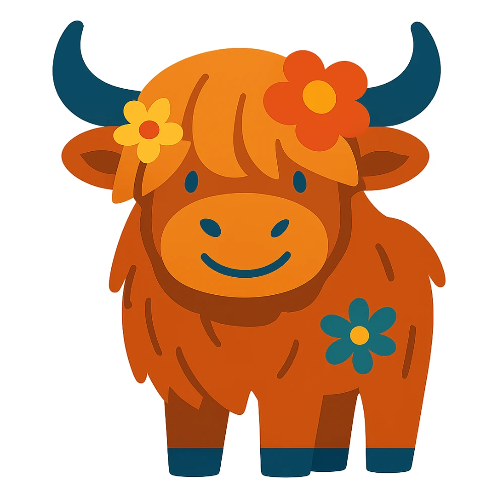 gentle and friendly highland cow with flowers in its fur sticker