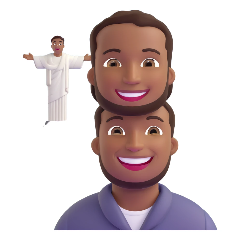 smiling black man with big teeth, standard male haircut, oval face, with Christ the Redeemer statue in the background, Rio de Janeiro, no glasses sticker