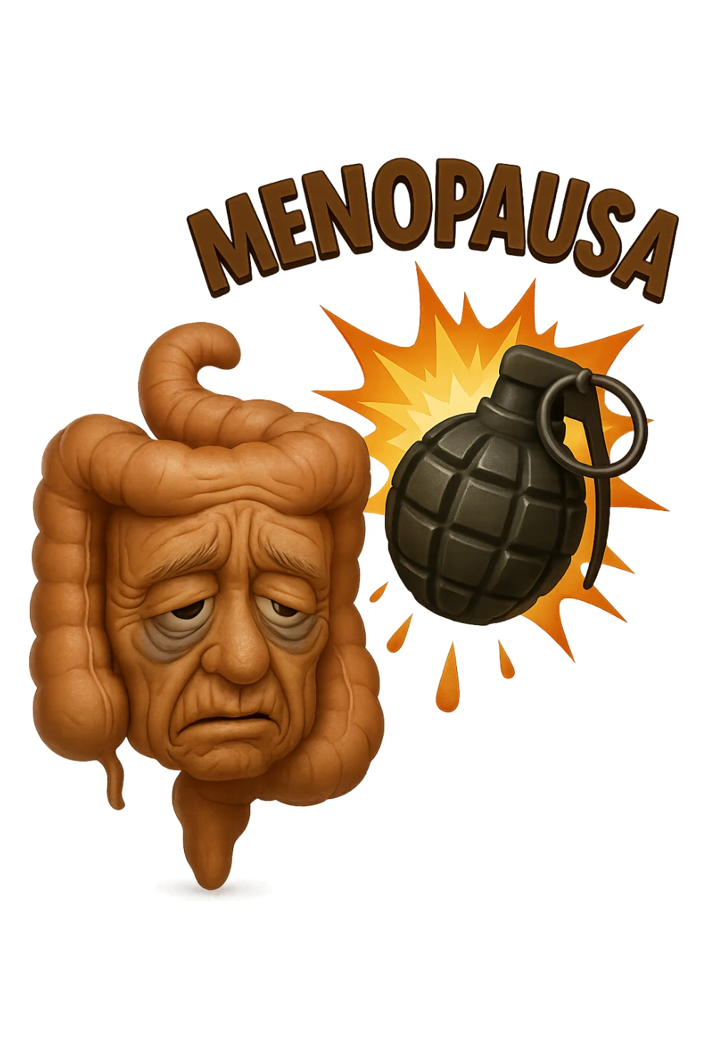 EMOJI STILE IPHONE 3D DI INTESTINO ANZIANO CON RUGHE SFINITO CON ESPRESSIONE STANCA, ACCANTO A LUI SCOPPIA UNA GRANATA 3D CON LA SCRITTA "MENOPAUSA" SOPRA sticker