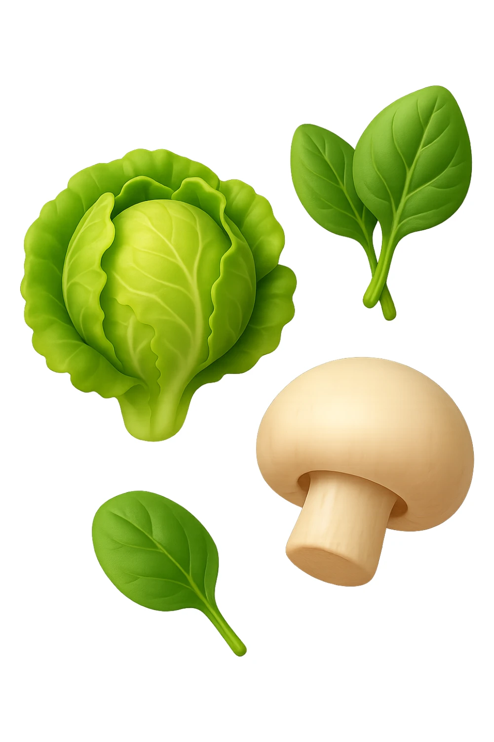 emoji stile iphone 3d di lattuga, spinaci, funghi che fluttuano in aria, iperealistico 4k sticker