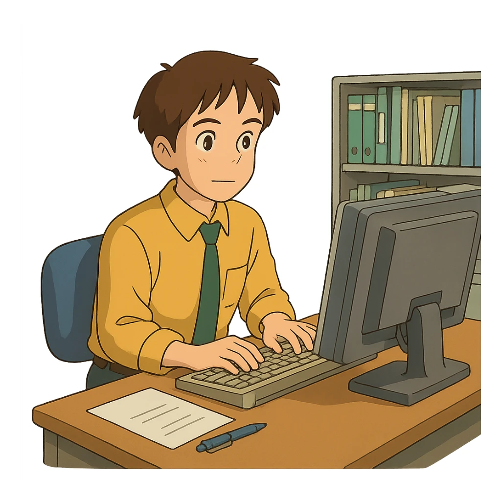 ghibli style working person in an office sticker
