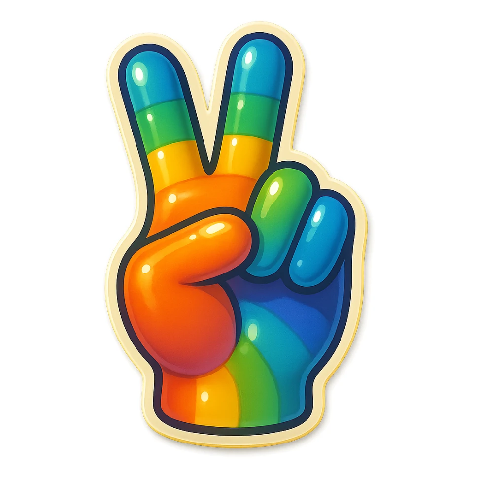 a peace sign hand gesture with rainbow colors, retro sticker style sticker
