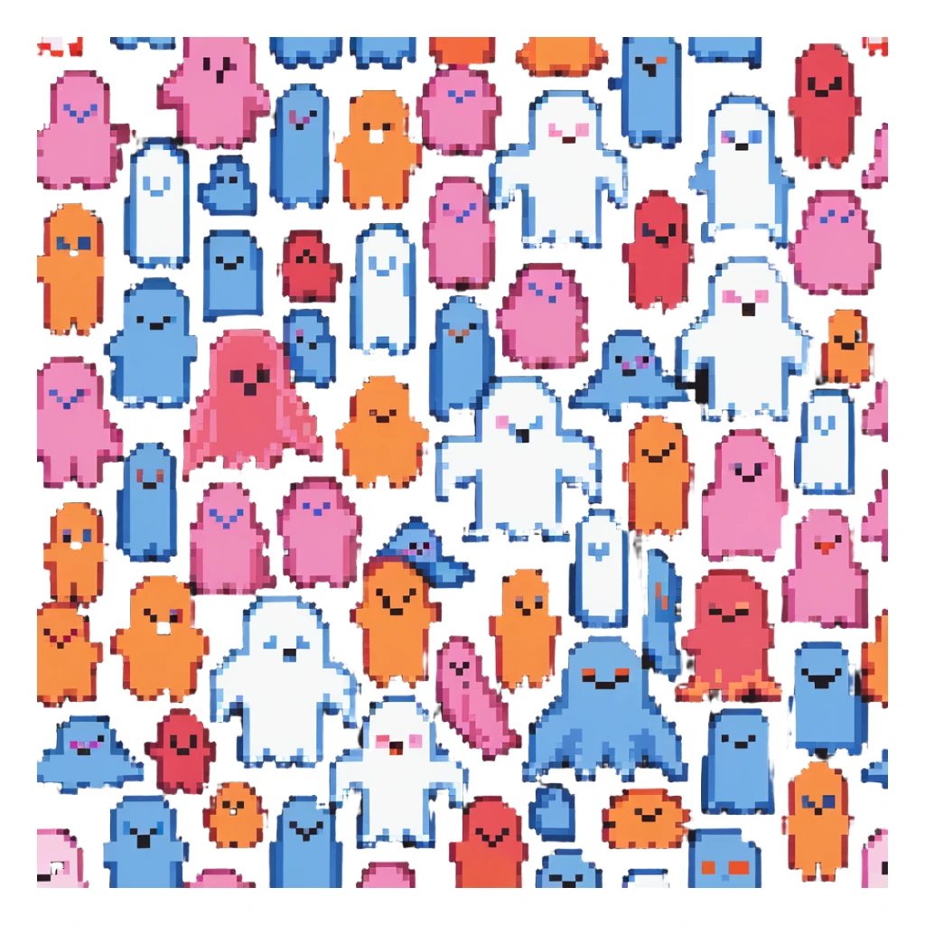 The four classic Pacman ghosts (red, pink, blue, and orange) in 8-bit pixel art style sticker