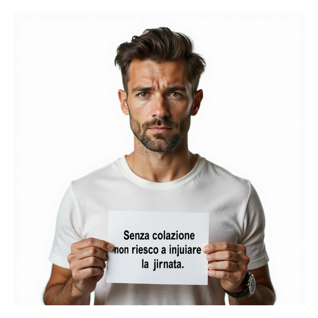 hyperrealistic 4K man on white background, isolated, saying: "Senza colazione non riesco a iniziare la giornata", convinced expression, natural pose, realistic details, text clearly visible near the face sticker