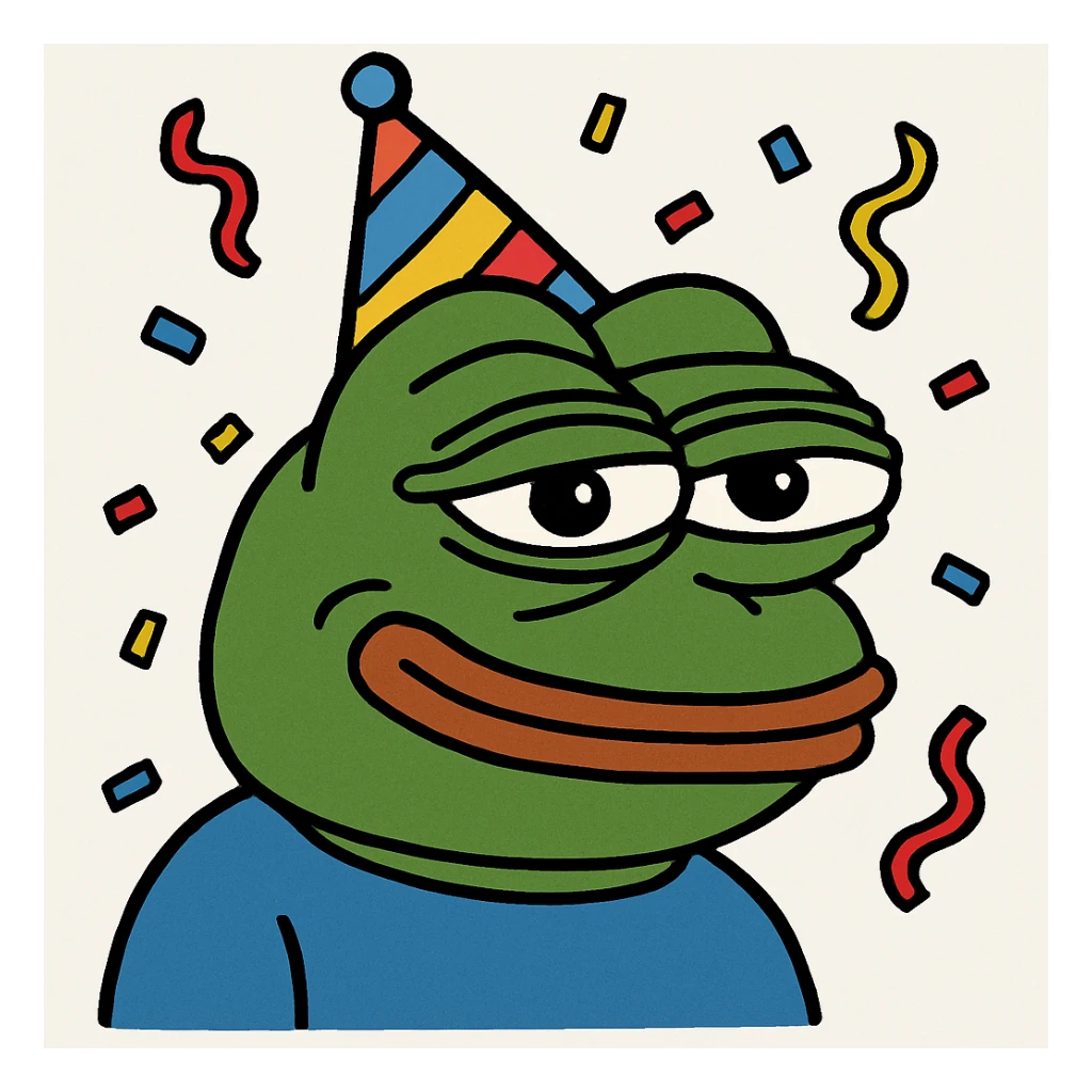 Pepe the Frog with a party hat and confetti, meme style sticker