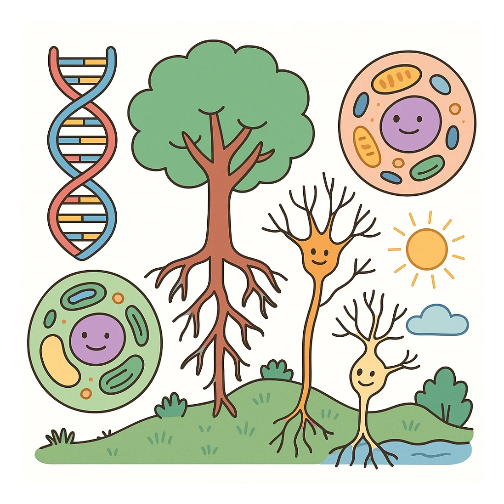 A realistic biological illustration (like in a school book) showing: DNA strands transitioning into a tree, cells with visible organelles, neurons connected to plant roots  and a balanced ecosystem background . Seamless integration, no labels or borders, complete white background (not off white!), detailed but minimalist.  sticker